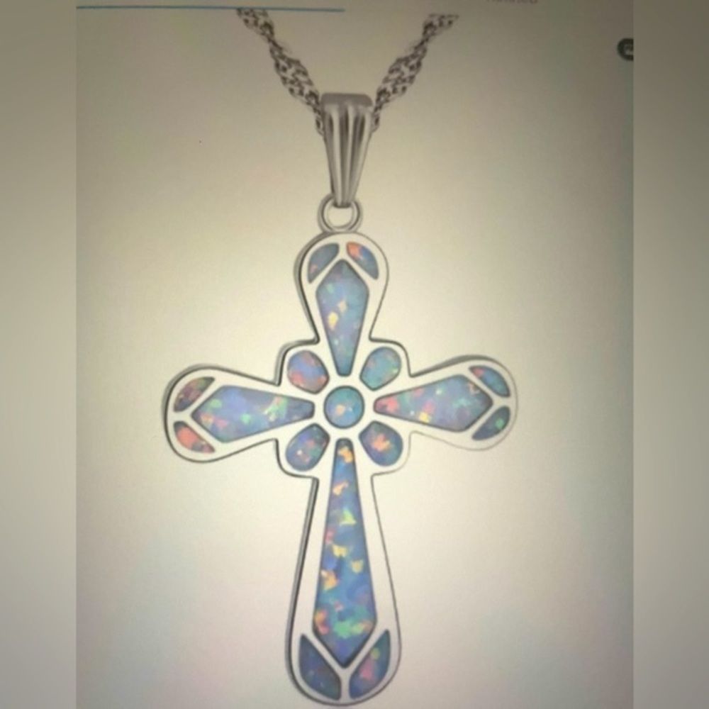 Hand Crafted Blue Opal Cross Pendant Necklace